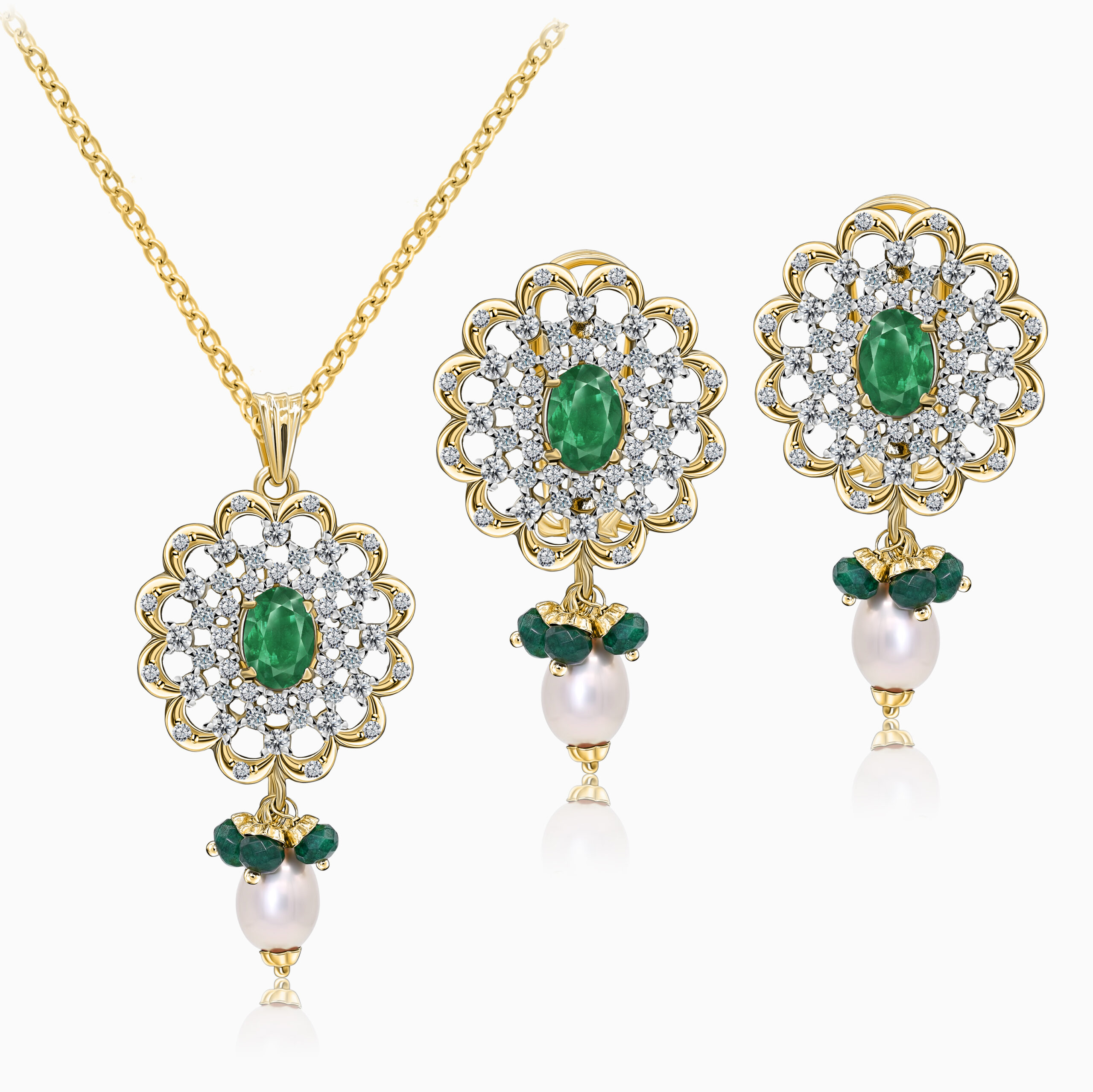 22K Gold Emerald Pearl Pendant Set (17.75G)