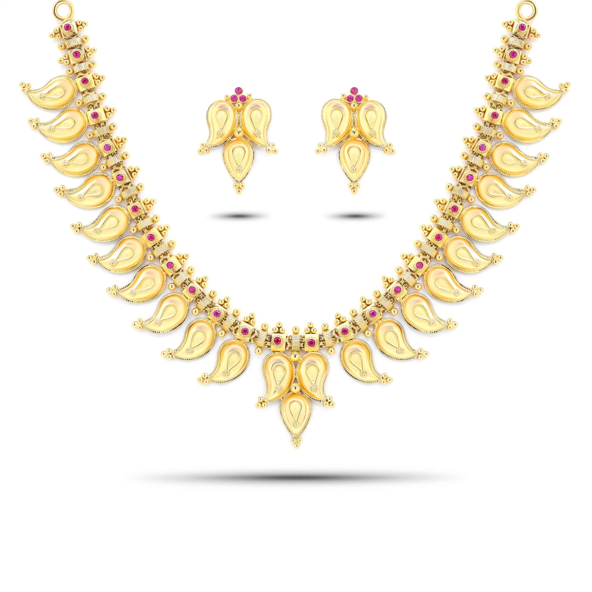 22K Gold 'Mango Mala' Ruby Necklace & Earrings Set