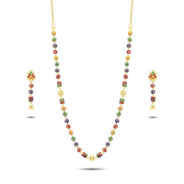 22K Gold Meenakari Necklace & Earrings Set