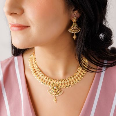 22K Gold Meenkari Pearls Necklace Set (65.70G)