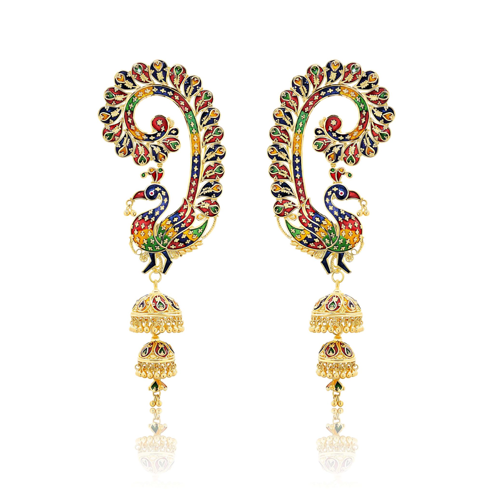 22K Gold Peacock Earcuff Jhumkas Earrings