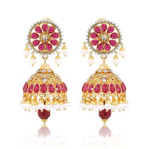 22K Gold Ruby & Pearls Jhumka Earrings