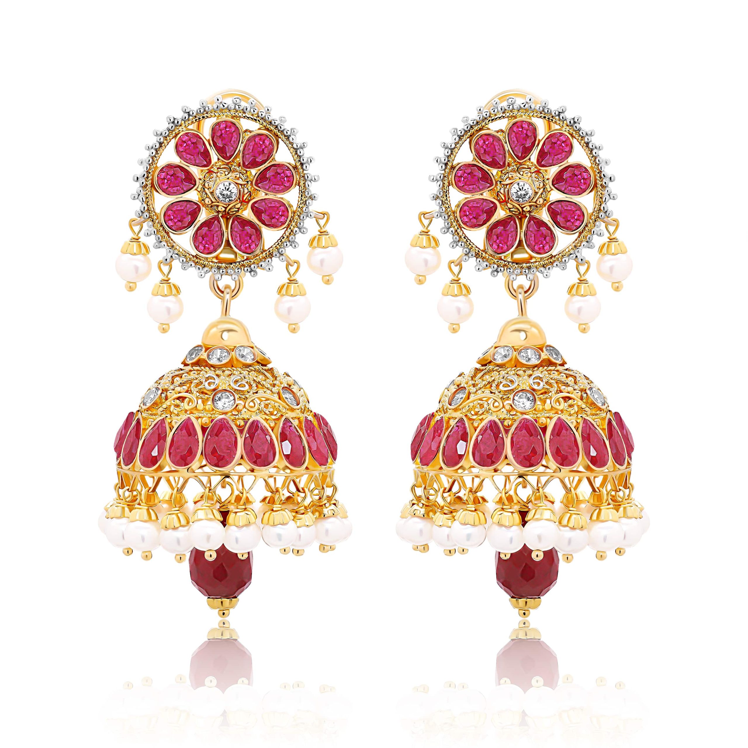 22K Gold Ruby & Pearls Jhumka Earrings