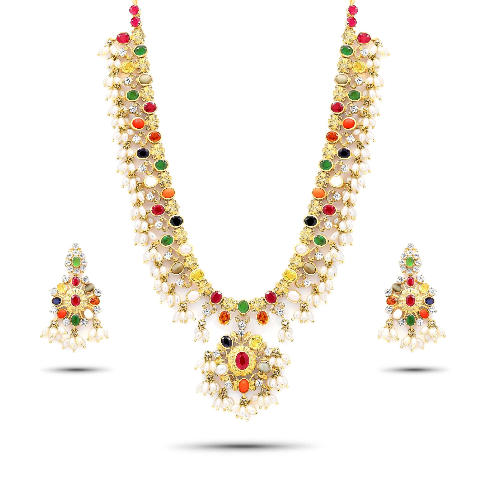 22K Gold Navratna Pearls Necklace Set