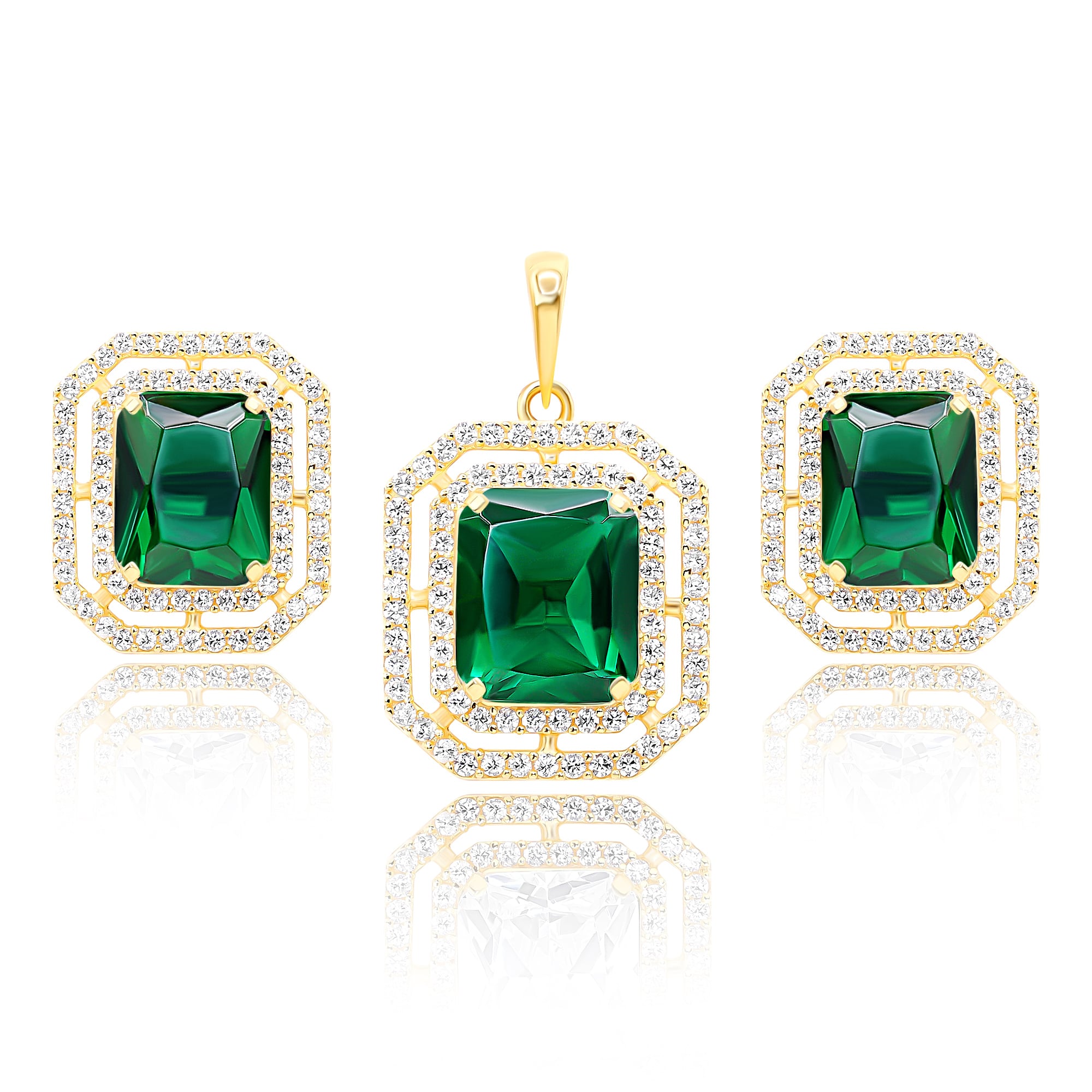 22K Gold Emerald CZ Pendant Set And Ring