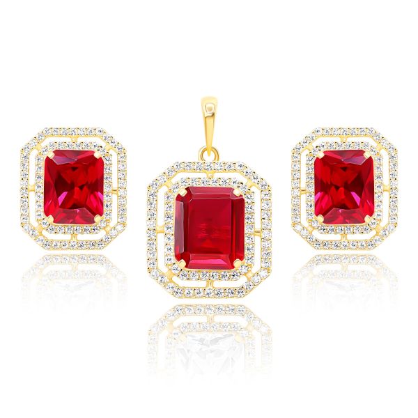 22K Gold Ruby CZ Pendant Set And Ring