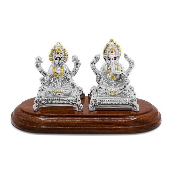 999 Pure Silver Laxmi Ganesha Wooden Statue