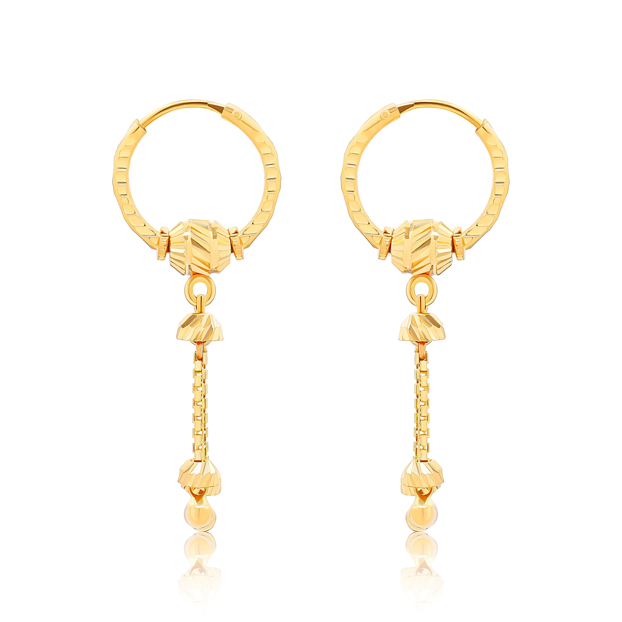 22K Gold Kids Hoops Earring - AjEr64830 - 22 Karat gold hoop earrings for  kids are beaded with gold balls at the center with a small fancy han
