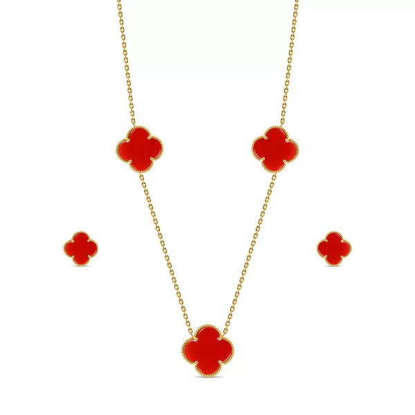 22K Gold Carnelian Clover Necklace Set - 3 Motifs
