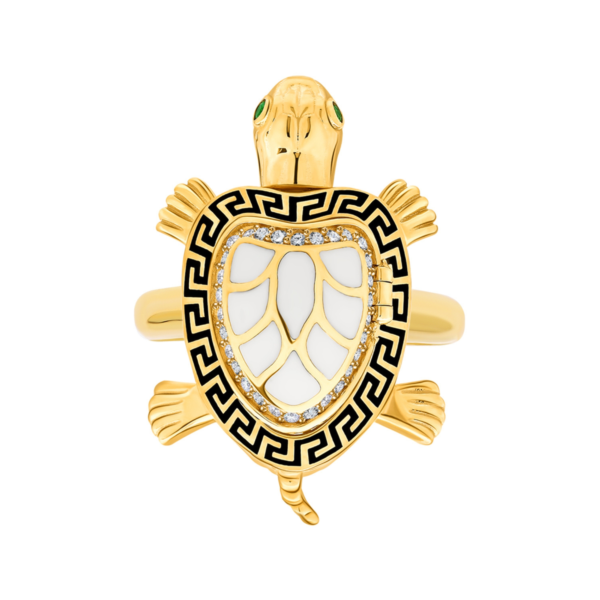 22K Gold White Black Turtle Enamel Ring