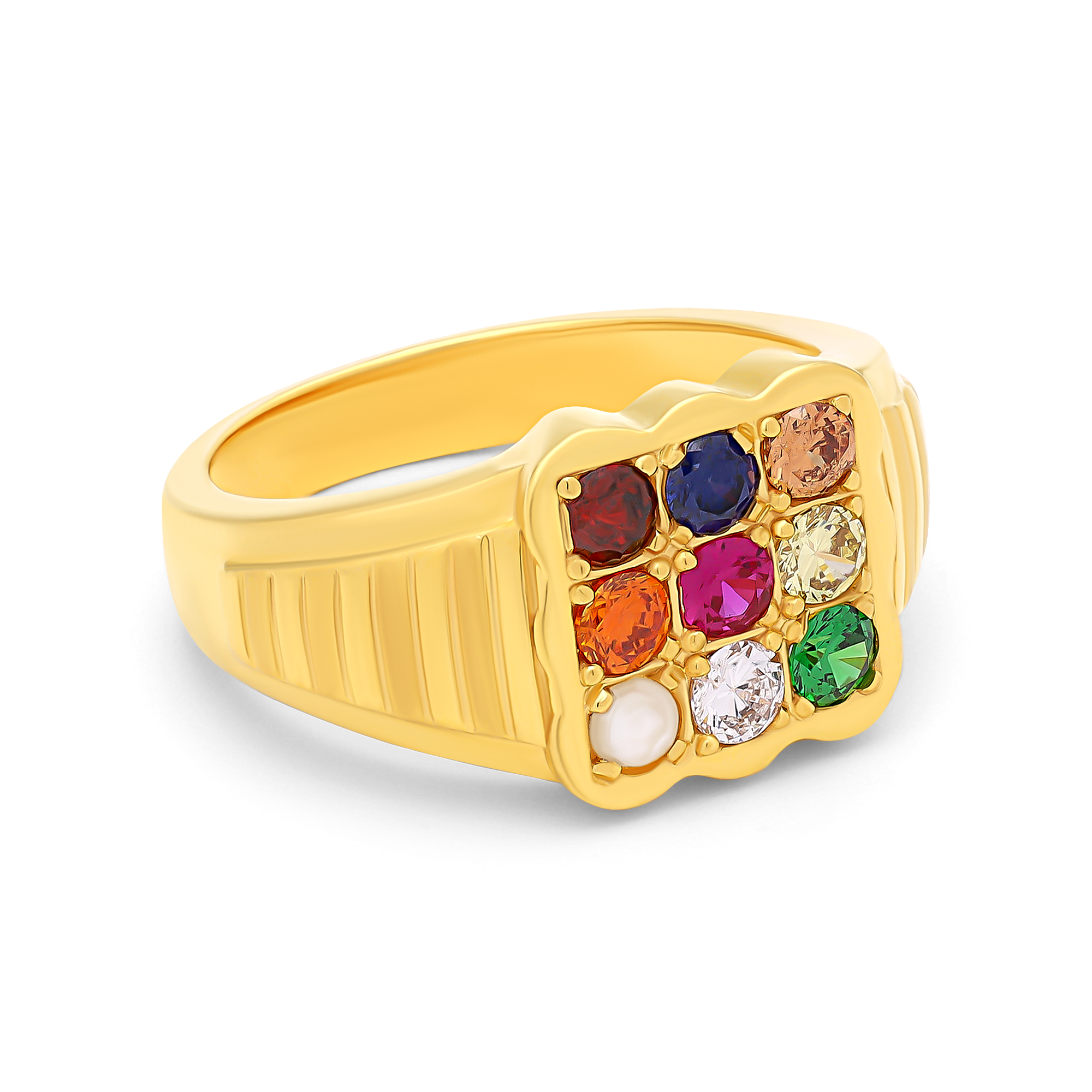 22K Gold Mens Navratna Ring - RiMs18448 - 22k Gold Navaratna ring for  Men's. Ring is designed with studded Precious stones (Ruby, Emerald, Sap