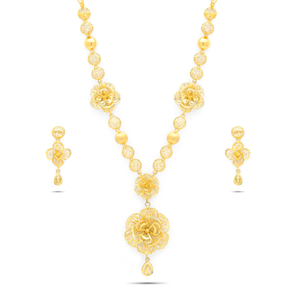 22K Gold Mesh Floral Drop Necklace Set