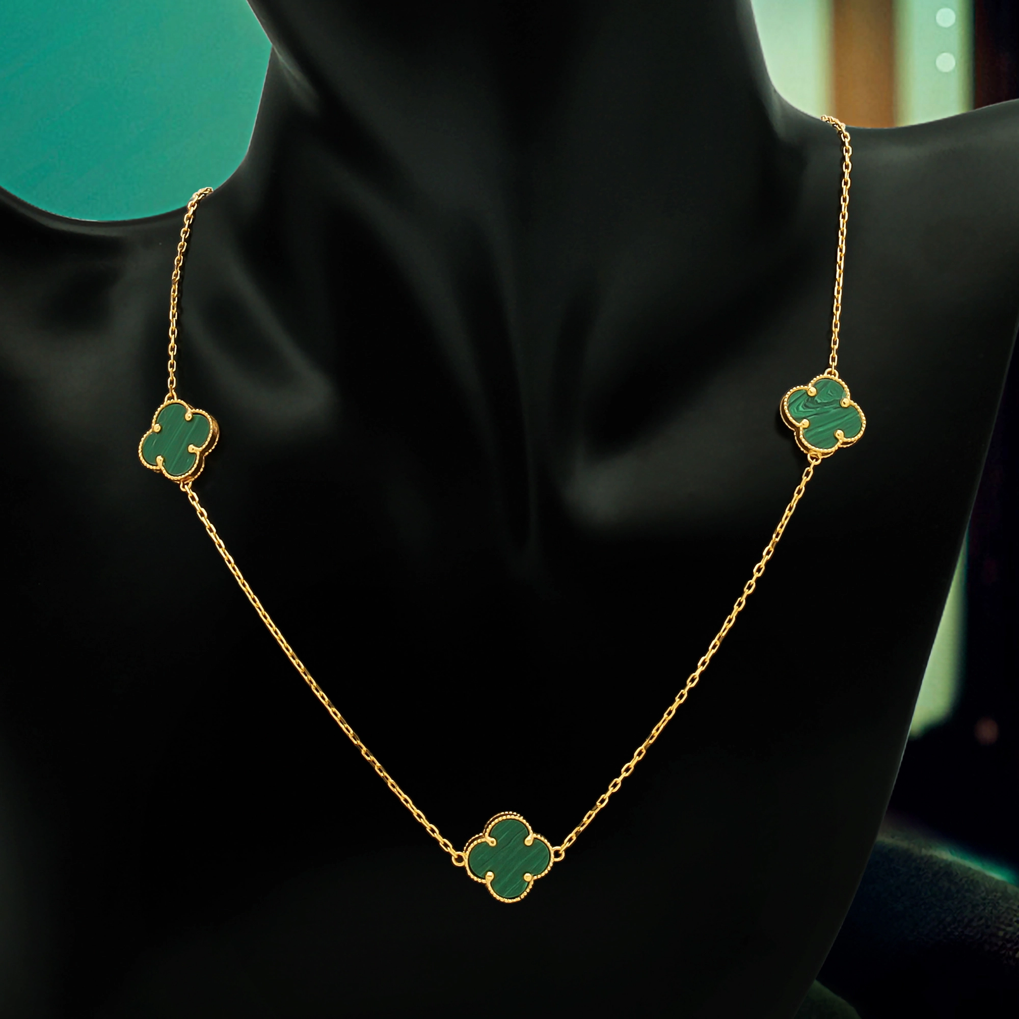 20 motifs CZ green malachite long necklace 15mm clover style 18K popular gold plated 3 gold colours