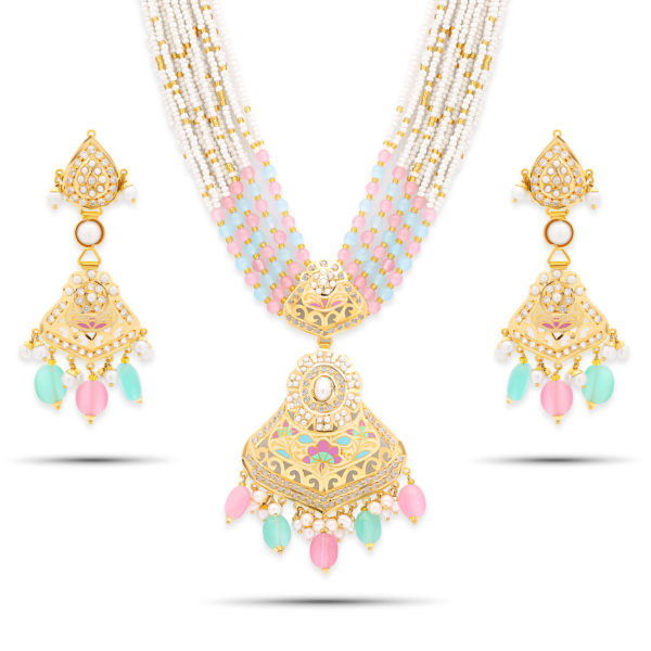 22K Gold Pearl Pink Teal Jade Necklace Set