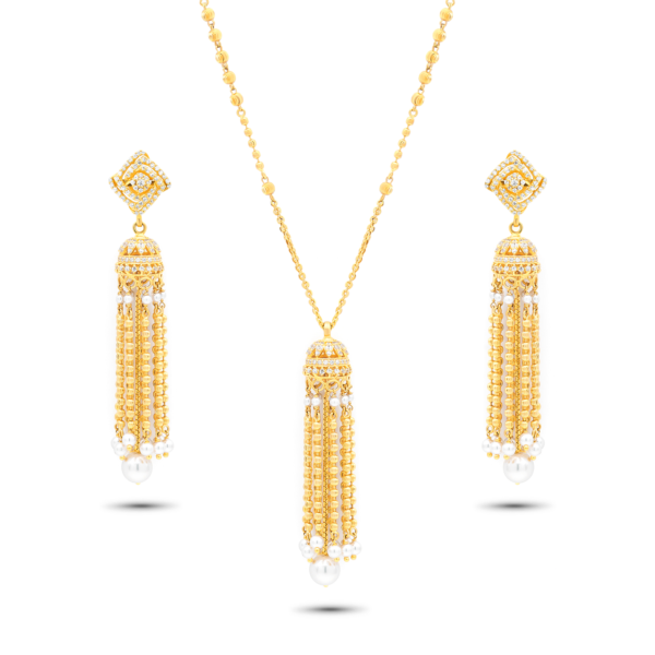 22K Gold Pearl Drop Necklace Set