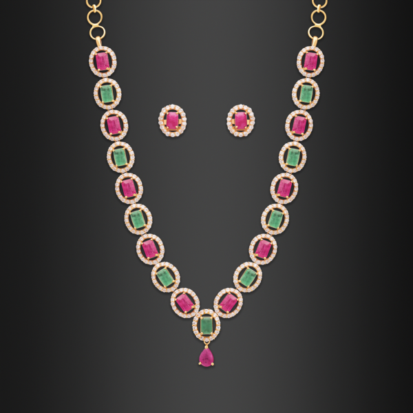 22K Gold Ruby Emerald CZ Necklace Set