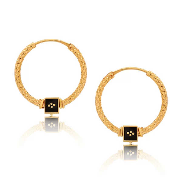 22K Gold Black Enamel Textured Hoop Earrings