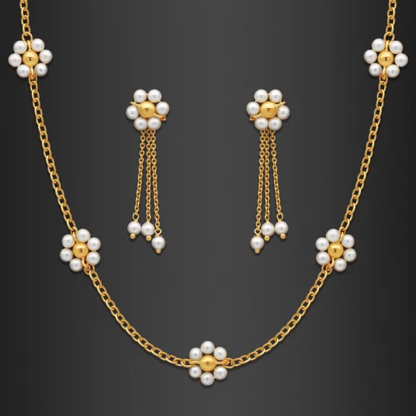 22K Gold Floral Pearl Cluster Necklace Set