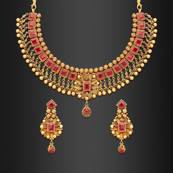 22K Gold Antique Ruby Necklace Set