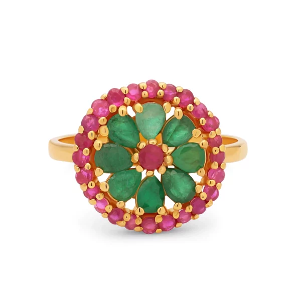 22K Gold Ruby Emerald Floral Motif Ring