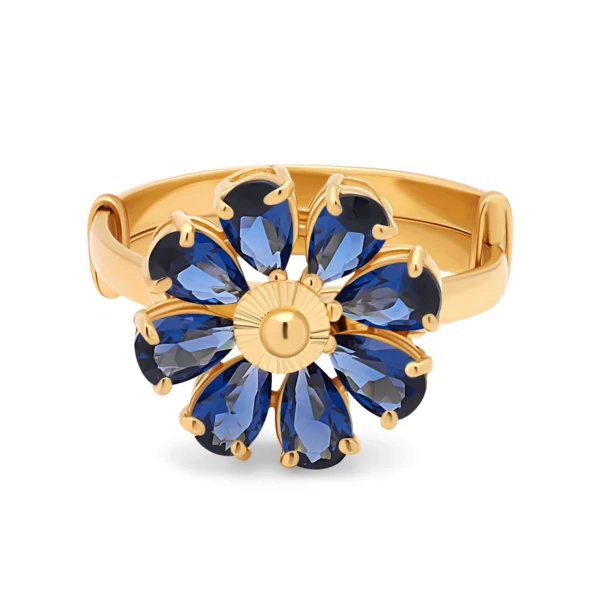 22K Gold Floral Blue CZ Ring