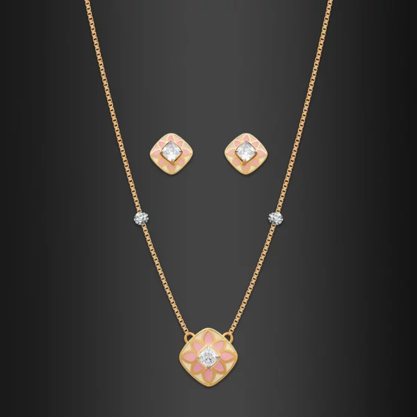 22K Gold Floral Pink Ivory Enamel Necklace Set