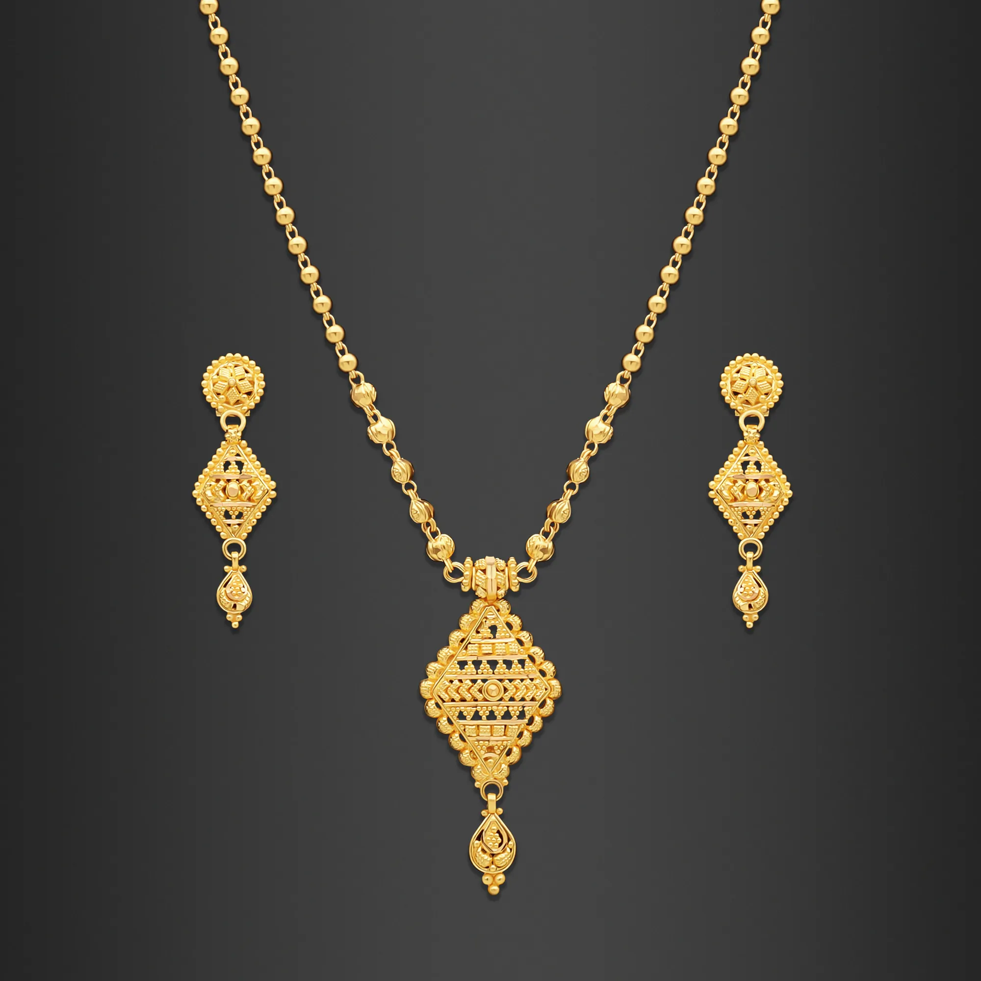 22K Gold Beaded Filigree Necklace Set (16.65G)