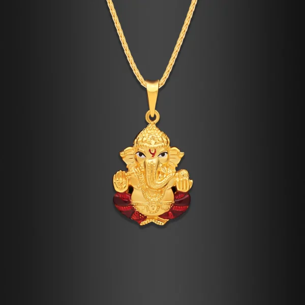 22K Gold Red Enameled Ganesh Pendant