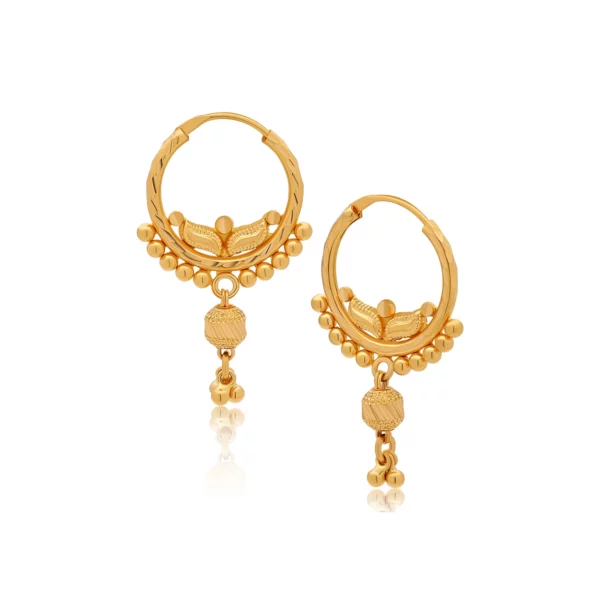 22K Gold Small Beaded Drop Hoop Earrings (3.75G)
