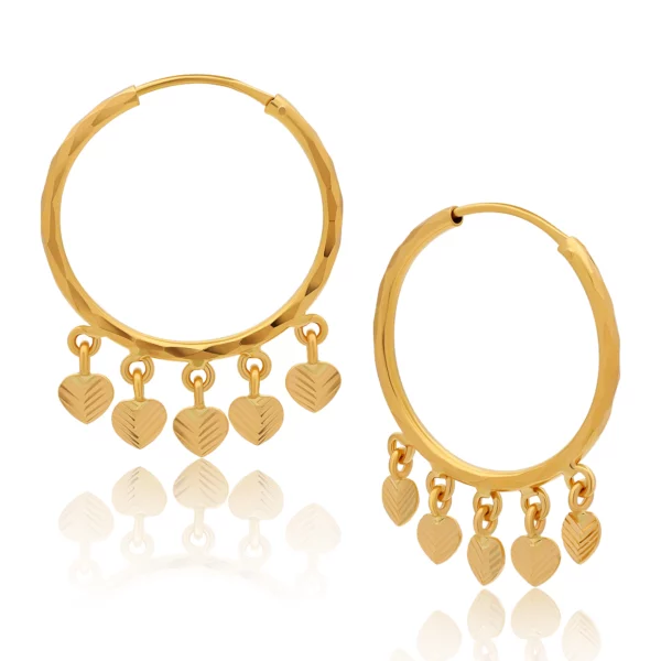 22K Gold Heart Charms Hoop Earrings (5.60G)