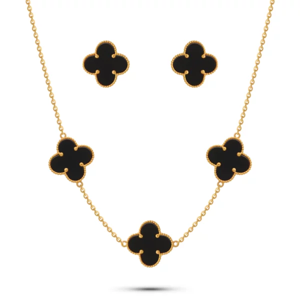 22K Gold Onyx Clover Necklace Set - 3 Motifs (14.25G)