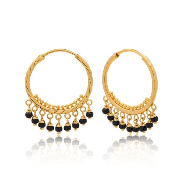 22K Gold Medium Black Bead Hoop Earrings (4.53G)