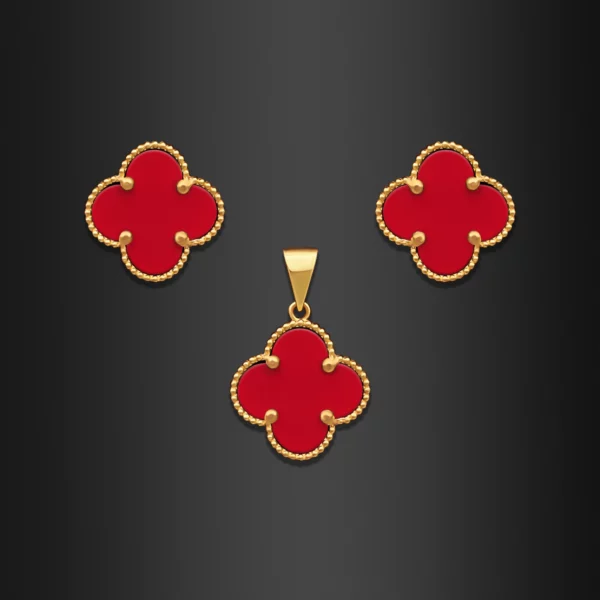 22K Gold Mini Carnelian Clover Pendant Set (6.45G)