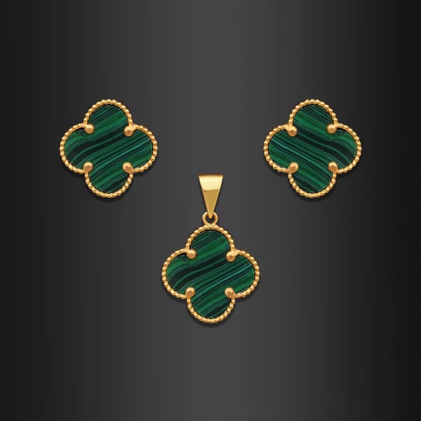 22K Gold Mini Malachite Clover Pendant Set (6.70G)