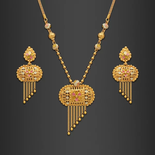 22K Gold Filigree Enamel Floral Necklace Set (22.05G)