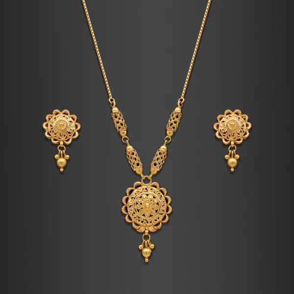22K Gold Filigree Floral Drop Necklace Set (13.90G)