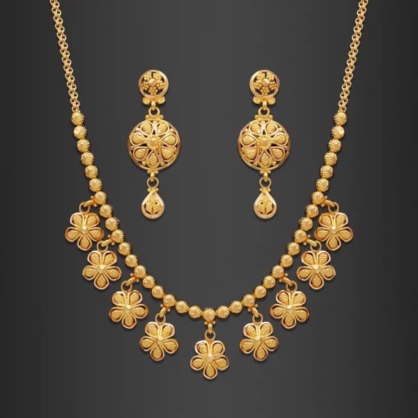 22K Gold Filigree Floral Charms Necklace Set (17.15G)