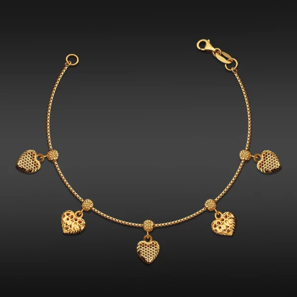 22K Gold Netted Dangle Hearts Bracelet (5.75G)