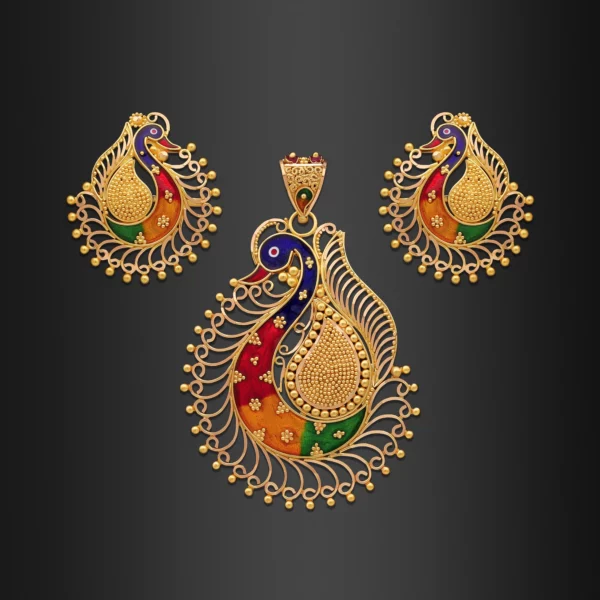 22K Gold Fanned Meena Peacock Pendant Set (16.15G)
