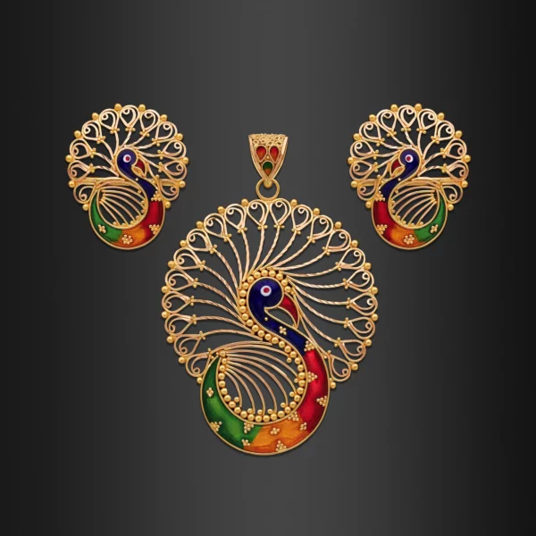 22K Gold Fanned Enamel Peacock Pendant Set (15.10G)