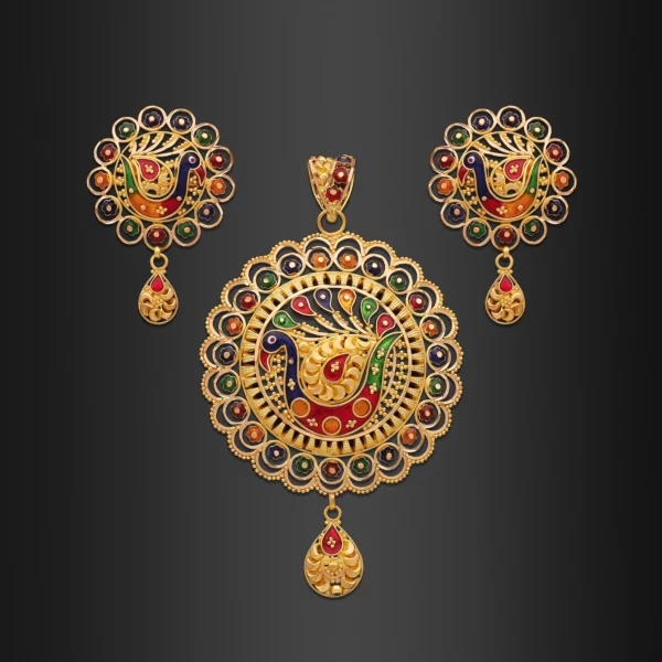 22K Gold Statement Meena Peacock Pendant Set (19.35G)