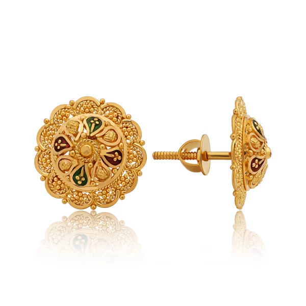 22K Gold Embroidered Enamel Stud Earrings (4.85G)