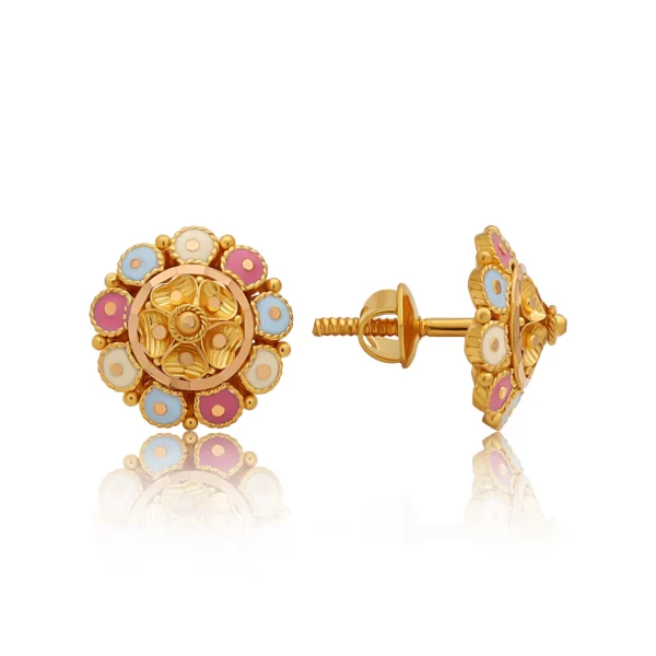 22K Gold Small Floral Meena Stud Earrings (4.20G)