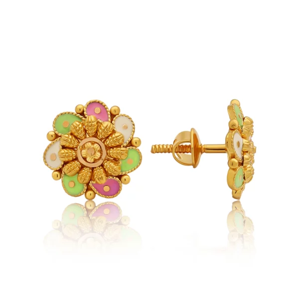 22K Gold Small Floral Enamel Stud Earrings (3.90G)