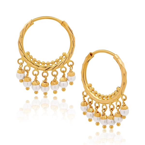 22K Gold Mini Pearl Drop Hoop Earrings (3.97G)