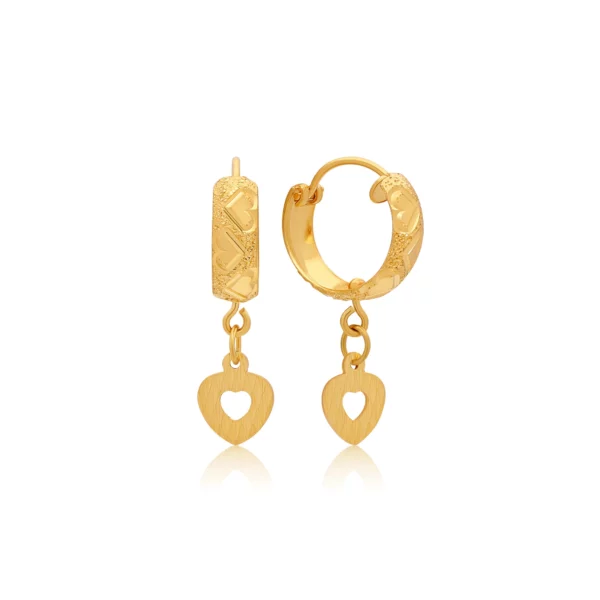 22K Gold Mini Textured Heart Charm Hoops (2.55G)