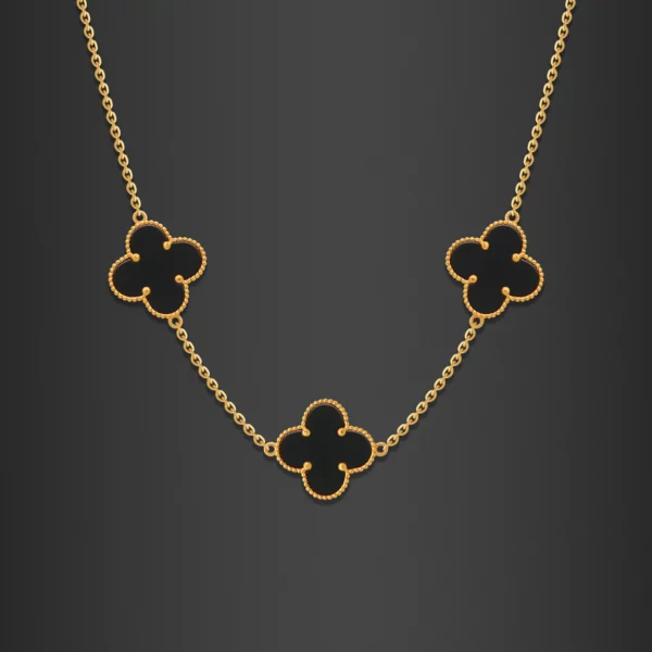 22K Gold Onyx Clover Necklace - 3 Motifs (9.00G)