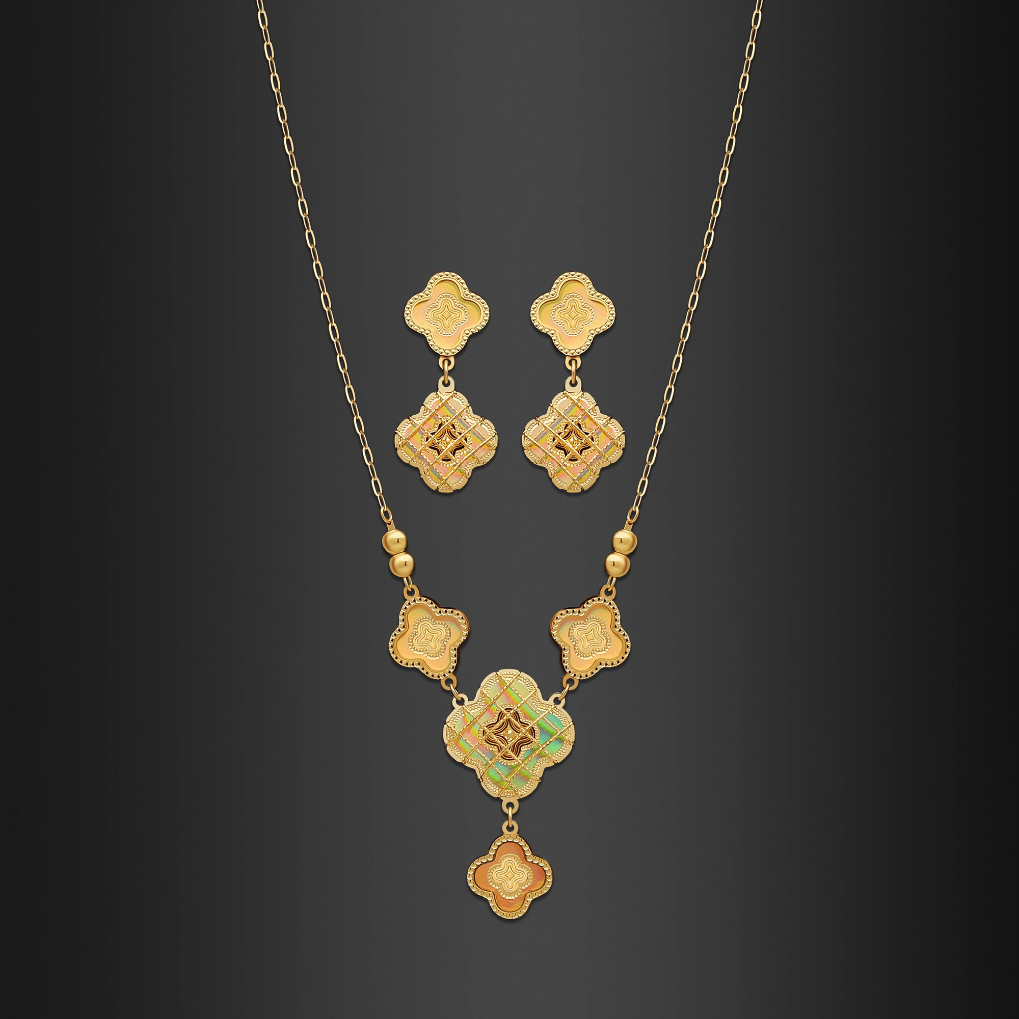 22K Gold Iridescent Clovers Drop Necklace Set (12.60G) - Queen of