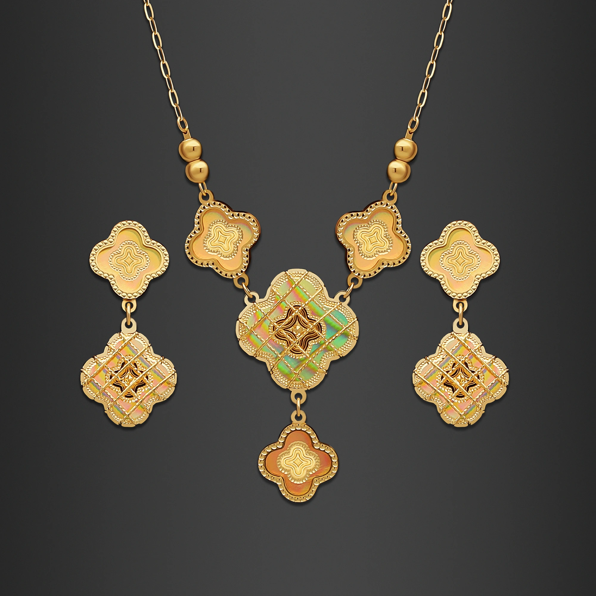 22K Gold Iridescent Clovers Drop Necklace Set (12.60G) - Queen of